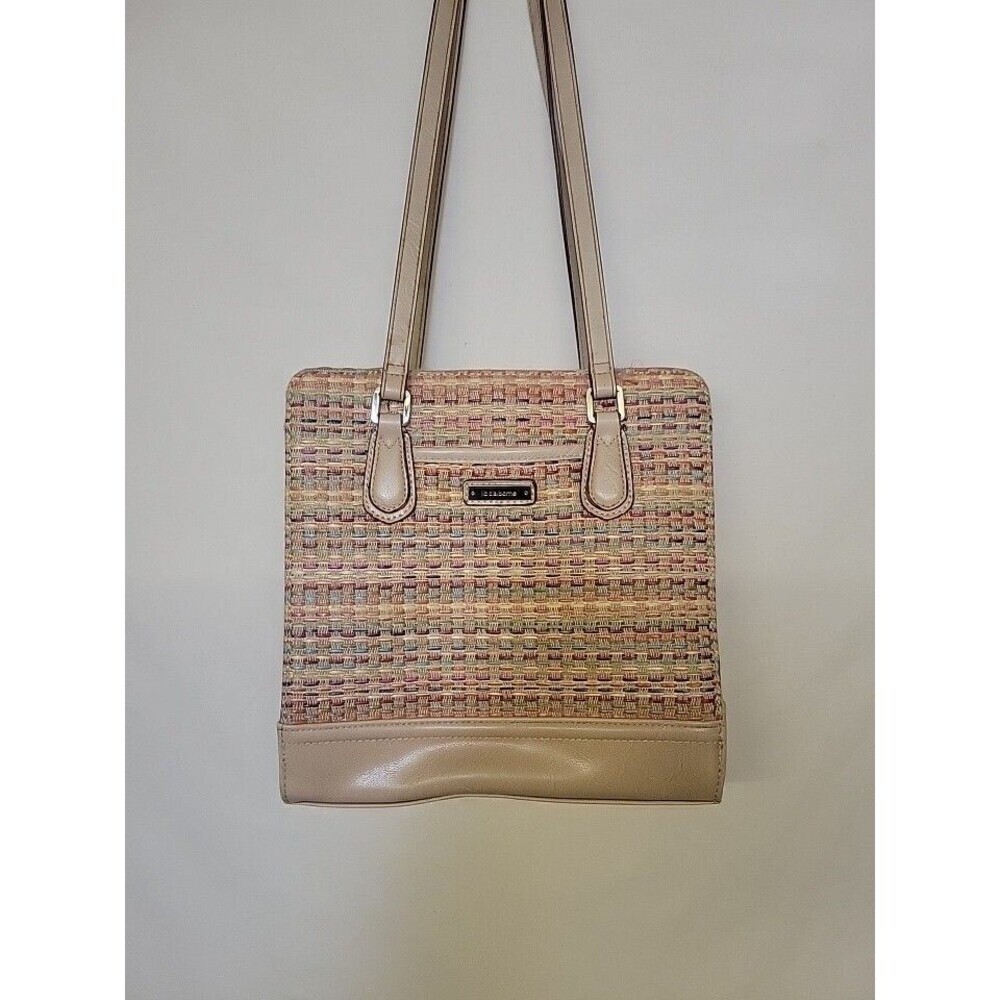 Liz Claiborne Multicolor Tweed/ Faux Pebbled Leather Handbag‎ Purse Linen Blend